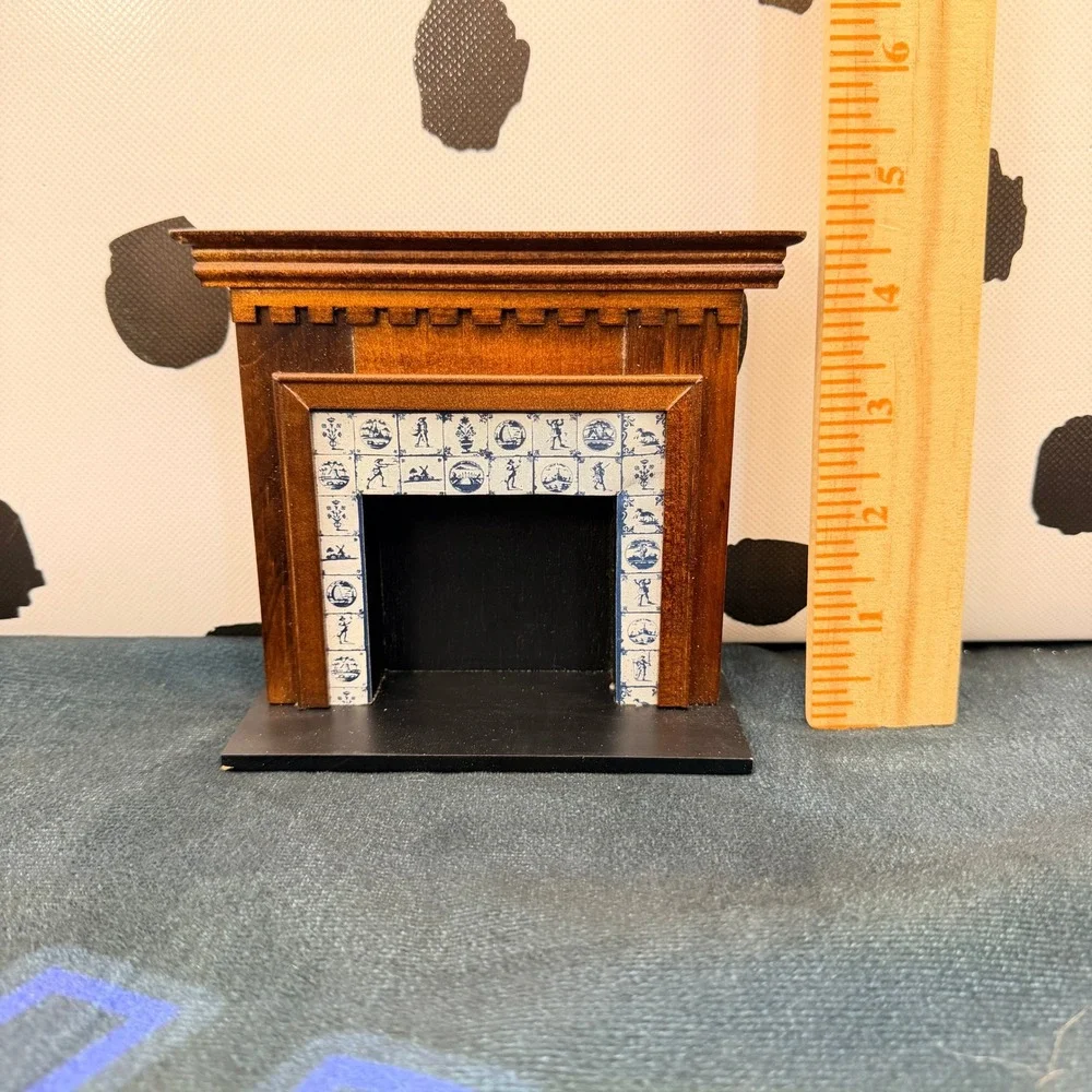 Vintage 1:12 Dollhouse Miniature Wood Fireplace Faux Delft Paper Tile Surround